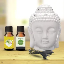 PEEPRESION Air Freshner Electric White Ceramic Buddha Head Design & 2 Aroma Oil Fragrance Your Home, Office, Spa, Hotel, Club Diffuser-88