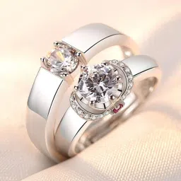 King & Queen Adjustable Couple Rings Sterling Silver Swarovski Zirconia 24K White Gold Plated Ring-image-8
