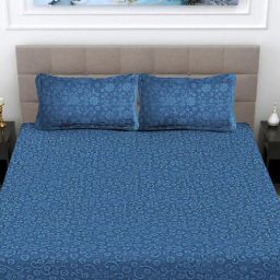 fabinaliv Blue Floral 300 TC Woollen Fitted Double Bedsheet with 2 Pillow Covers-picture-5