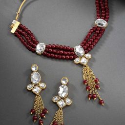Peora Maroon & White Kundan Gold Plated Necklace with Earring Set-image-99