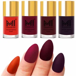 MI FASHION Set of Velvet Matte Nail Polish 9.9 ml Each -Orange 04 - Mauve 25 - Red Wine 26 - Dark Purple 30-6