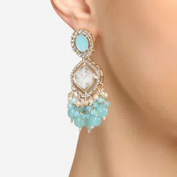Zaveri Pearls Gold Plated Stone Studded & Beaded Drop Earrings-image-8