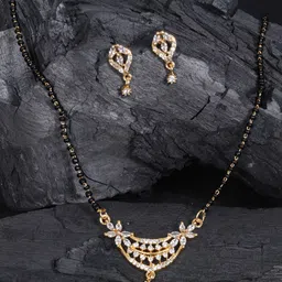 justpeachy Black And Gold-Plated Cubic Zirconia Studded Mangalsutra & Earrings Set-48