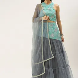 Ethnovog Blue  Grey Printed Sequinned Ready to Wear Lehenga  Blouse With Dupatta-2