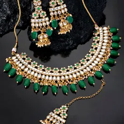 Peora Green Gold-Plated Kundan Choker Necklace Earring Maang Tikka Jewellery Set-picture-13