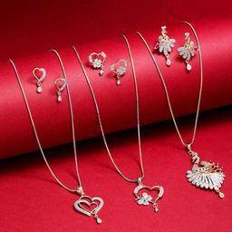 ZENEME Set Of 3 Gold-Plated Silver-Toned CZ Studded Pendant With Chain & Earring-0