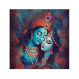 OLIVE TREE Blue & Orange Radha Krishna Religious Canvas Painting Wall Art-17