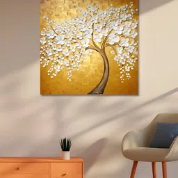 OLIVE TREE Gold-Toned & White Floral Canvas Painting Wall Art-49