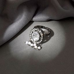 TEEJH Falguni Silver Pearl Beaded Oxidised Finger Ring-image-78