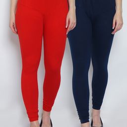 GRACIT Women Pack Of 2 Red & Navy Blue Solid Churidar-Length Leggings-21