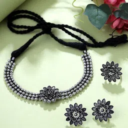 Yellow Chimes Oxidised Silver Floral Charmed Necklace with Earring & Ring-image-48