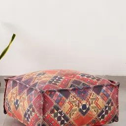 HANDICRAFT PALACE  Red & Beige Geometric Printed Cotton Square Ottoman With Filling-image-47