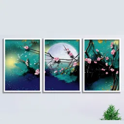 SAF White & Blue 3-Pieces Floral Theme Printed Framed Wall Art-picture-8