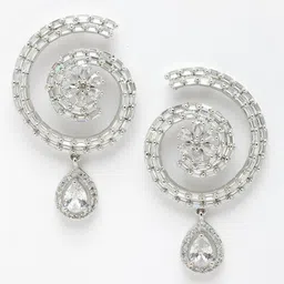 DressBerry White Rhodium-Plated Floral Round Drop Earring-7