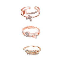 Yellow Chimes Set Of 3 Rose Gold Plated Crystal Studded Adjustable Finger Rings-image-5