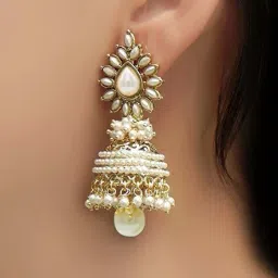 Bollywood Movie Aashiqui 2 Inspired Beads Polki White Pearl Alloy Jhumki Earring-image-14