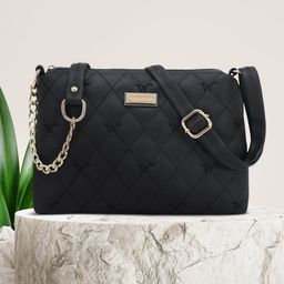 WOMEN MARKS Black PU Structured Quilted Sling Bag-6