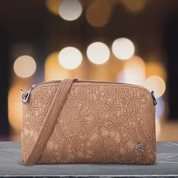 Mochi Women Beige Floral PU Structured Sling Bag-90