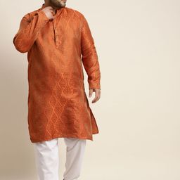 SOJANYA PLUS Men Rust Orange & Golden Jacquard Silk Woven Design Straight Kurta-image-84