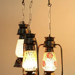 Devansh Set of 3 Black Antique Cluster Lantern Mosaic Glass Hanging Lamp-image-9