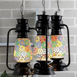 Devansh Set of 3 Black Cluster Lantern Mosaic Glass Hanging Ceiling Lamp-5