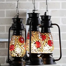 Devansh Set of 3 Black & Silver Cluster Lantern Mosaic Glass Hanging Lamp-6