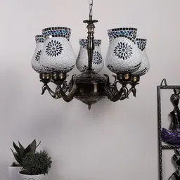 Devansh White & Blue New Era 05 Light Chandelier With  Mosaic Glass Shade Ceiling Lamp-image-70