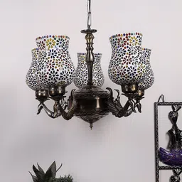 Devansh White & Red Mosaic Design Glass Shade Ceiling Lamp-19
