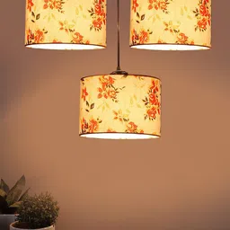 Devansh White & Red Floral Printed Cotton Shade Round Drum Cluster Ceiling Lamp-16