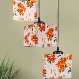 Devansh White & Red Floral Printed Cotton Shade Square Cluster Hanging Lamp-15