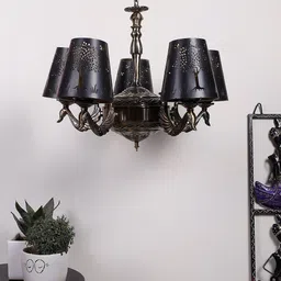 Devansh Black New Era 05 Light Chandelier With Etching Shades-image-78