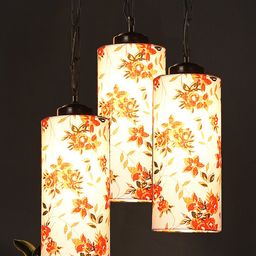 Devansh Set Of 3 White Floral Cotton Cylindrical Hanging Ceiling Lamp-12