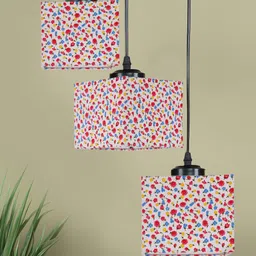 Devansh White & Pink Floral Printed Cotton Shade Square Cluster Hanging Lamp-20