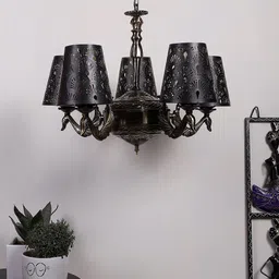 Devansh Black New Era 05 Light Chandelier With Etching Shades-picture-20