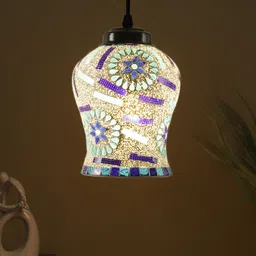 Devansh White & Blue Mosaic Glass Hanging Lamp-51