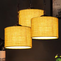 Devansh Set Of 3 Yellow Solid Jute Drum Hanging Ceiling Lamp image 4