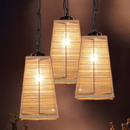 Devansh Set Of 3 Beige Solid Bamboo Pyramid Hanging Ceiling Lamp image 5