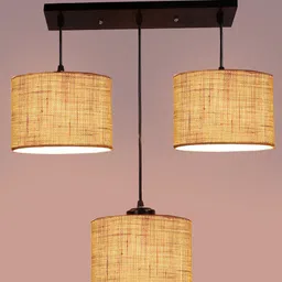 Devansh White & Black Jute Shade Round Drum Cluster Ceiling Lamp image 3