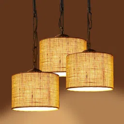 Devansh Set Of 3 Yellow Solid Jute Drum Hanging Ceiling Lamp image 2