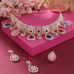 Zaveri Pearls Gold-Plated Kundan Stone-Studded & Beaded Necklace & Earrings With Ring-34