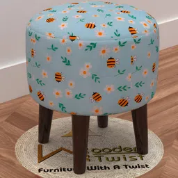 Wooden Twist Blue Printed Puffy Ottoman Stool-image-47