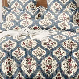 Laying Style White & Blue Floral Printed Double King Bedding Set-image-76