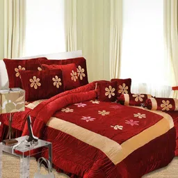 Laying Style 4 Pieces Maroon Double King Sized Velvet Bedding Set-13