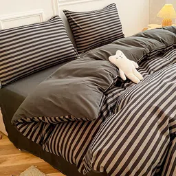 JC HOME Black & Grey Striped Double Queen Bedding Set-image-48