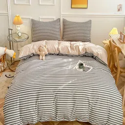 JC HOME Grey & White Striped Double King Bedding Set-image-86