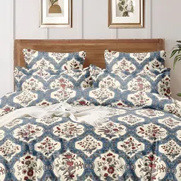 Laying Style White & Blue 4 Piece Floral Printed Double King  Bedding Set-29