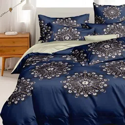 Laying Style Blue & White 4 Pieces Floral Printed Double King Regular Bedding Set-image-65