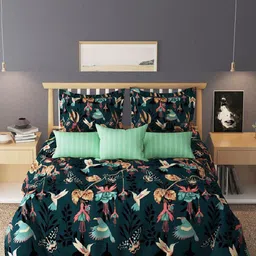 Laying Style 4 Pieces Green Floral Printed Double King Sized Cotton Bedding Set-image-31