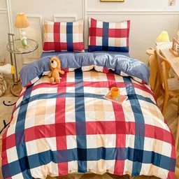 JC HOME Blue Checked Double King Bedding Set-image-70