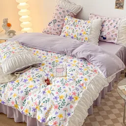 JC HOME Purple & White Printed Double Queen Bedding Set-21